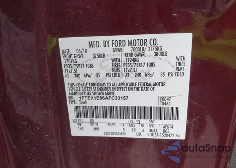 2010 Ford F-150 Stx/Xl/Xlt z USA, uszkodzony, nr VIN 1FTEX1E86AFC33157